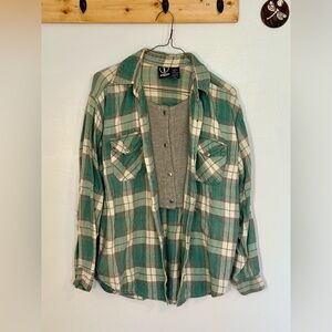 Layered 90s Grunge Plaid Button-Up Shirt w/ Faux Cami